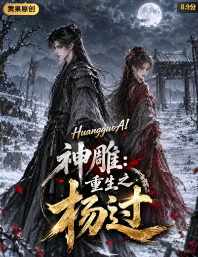 雪夜古装男女的武侠风格封面，标题神雕重生之杨过